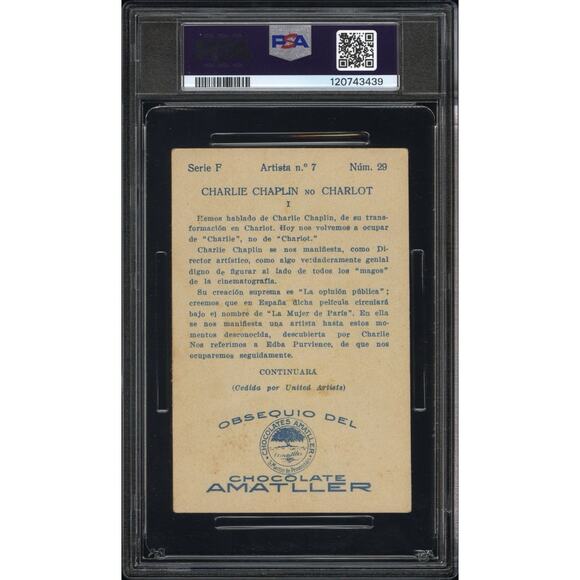 RARE 1920 Chocolate Amatller Charlie Chaplin PSA 3 Highest Grade Series F #29 - Picture 3 of 4